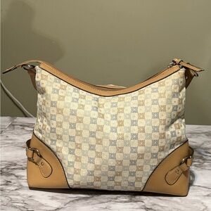 Tan and Cream Checkered Shoulder Bag with Gold Hardware